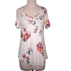 Popyoung Tunic Top Shirt Medium White Floral Short Sleeves Stretch Scoop Neck